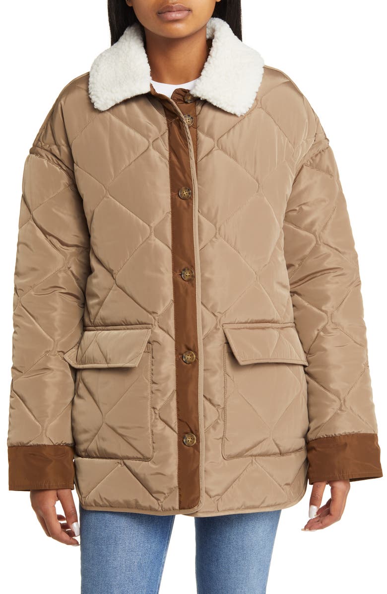 Lucky Brand Oversize Faux Shearling Collar Quilted Coat, Alternate, color, 