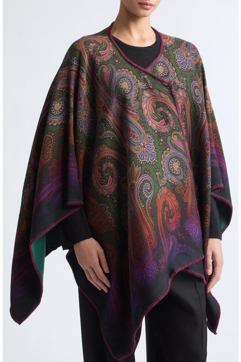 Ombré Paisley Swirl Reversible Wool Blend Cape, Alternate, color, GREEN