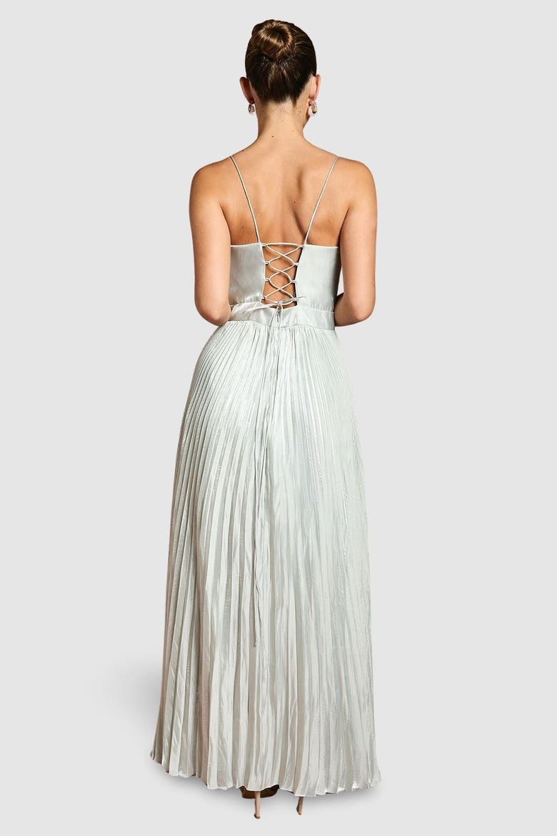 Metallic Pleated Corsage Maxi Dress, Alternate, color, Silver