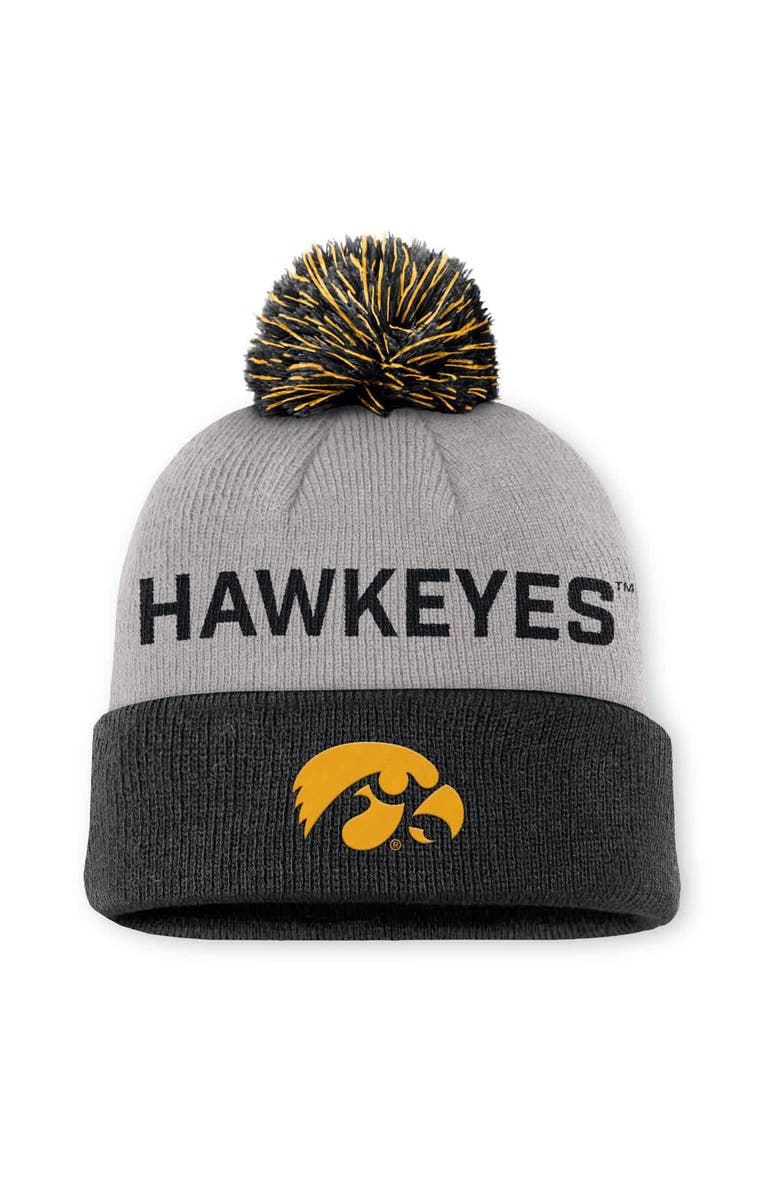 Nike Men's Nike Gray/Black Iowa Hawkeyes Primetime Peak Cuffed Knit Hat with Pom, Main, color, Gray