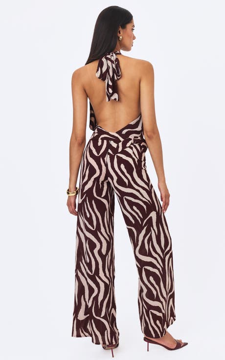 Ashlyn Abstract Zebra Print Belted Halter Jumpsuit
