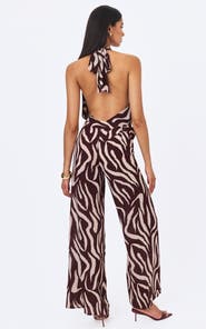 Miss Circle Ashlyn Abstract Zebra Print Belted Halter Jumpsuit