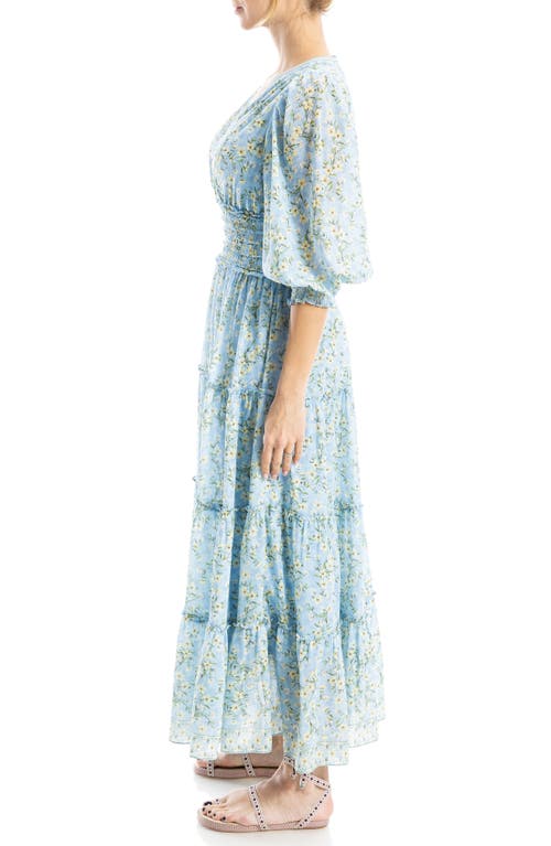 Max Studio Floral Balloon Sleeve Tiered Maxi Dress In Blue Tossed Meadow