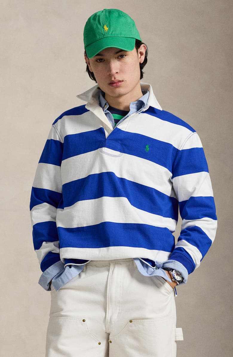 Polo Ralph Lauren The Iconic Rugby Stripe Long Sleeve Polo, Alternate, color, Pacific Royal/ Cls Oxfrd White