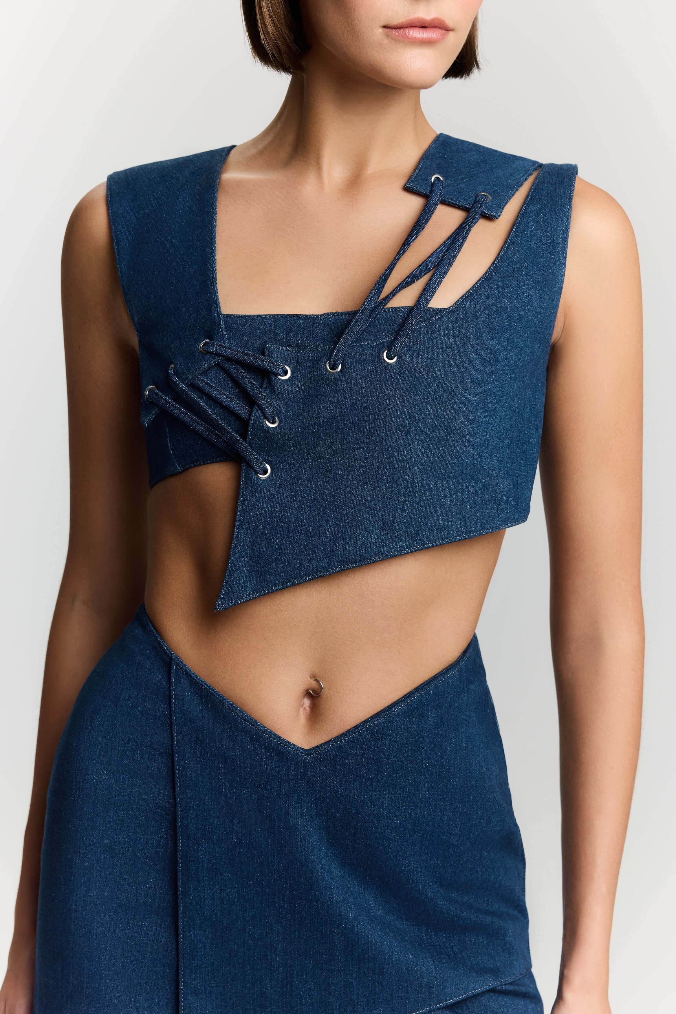 Jendue US Endless Line Denim Crop Top - Unique & Stylish in Deep Blue 