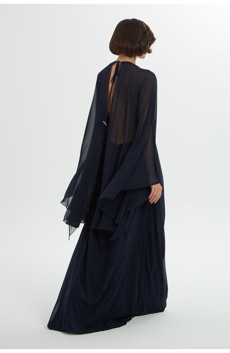 Gizia Bead Embroidered Ruffled Sleeve Lined Navy Chiffon Dress, Alternate, color, Navy