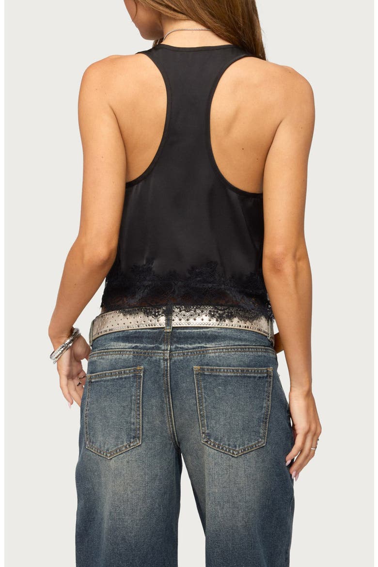 Onie Lace Trim Racerback Satin Tank, Alternate, color, BLACK