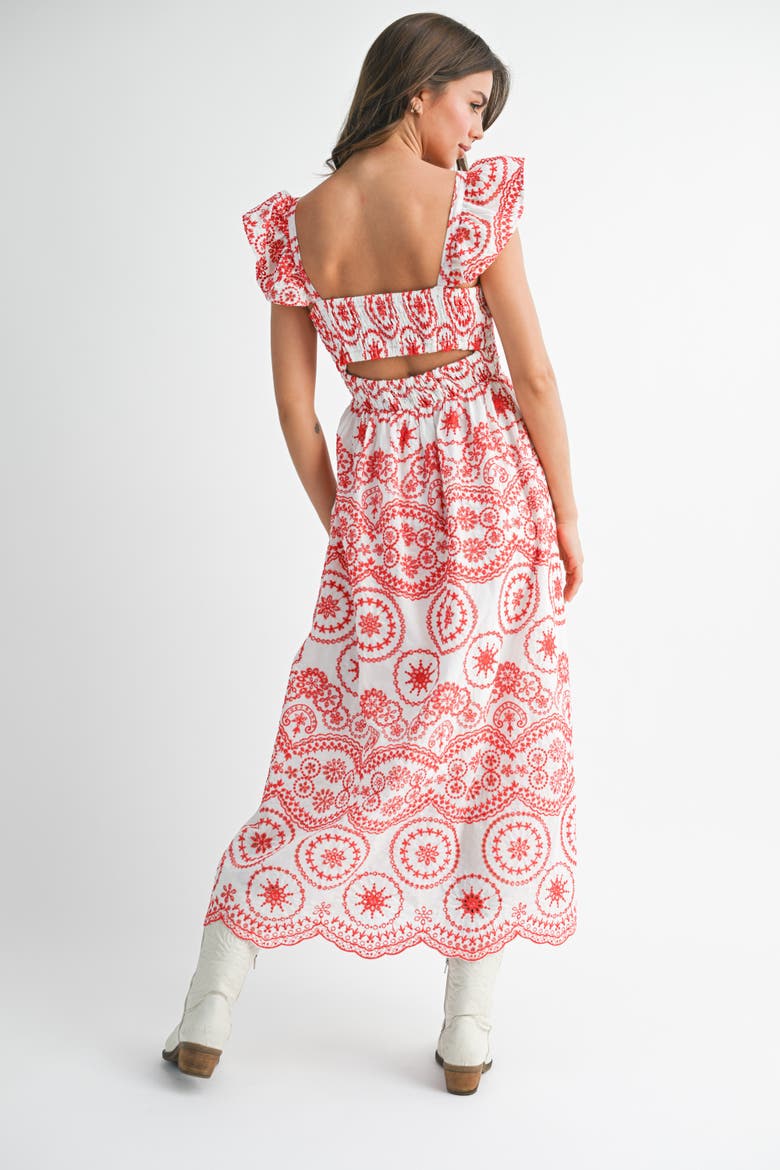 Embroidered Smocked Cutout Midi Dress, Alternate, color, Red