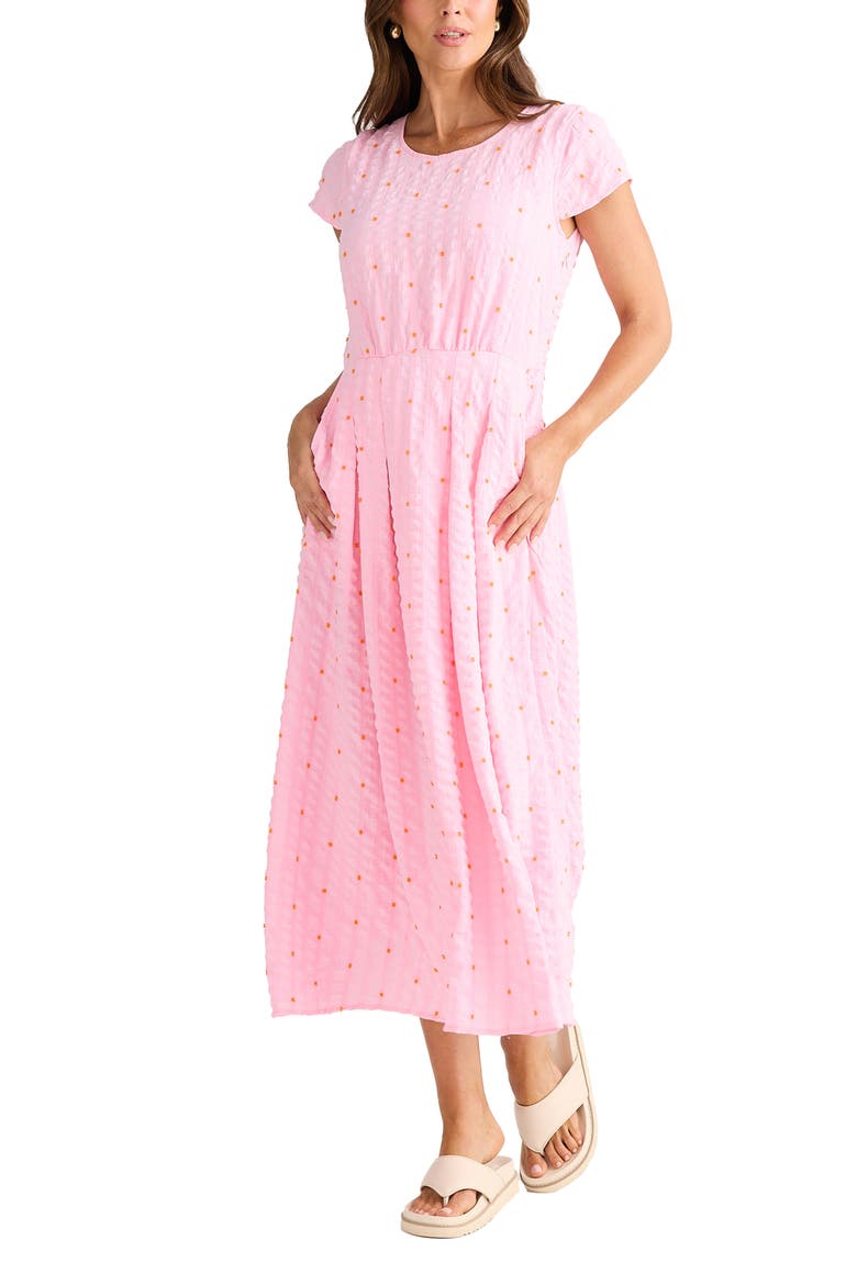 Chessie Embroidered Seersucker Midi Dress, Main, color, NEON PINK DOBBY