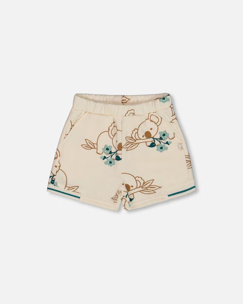 Deux Par Deux Girl's Printed French Terry Short Off-white And Koala In Off-white And Koala
