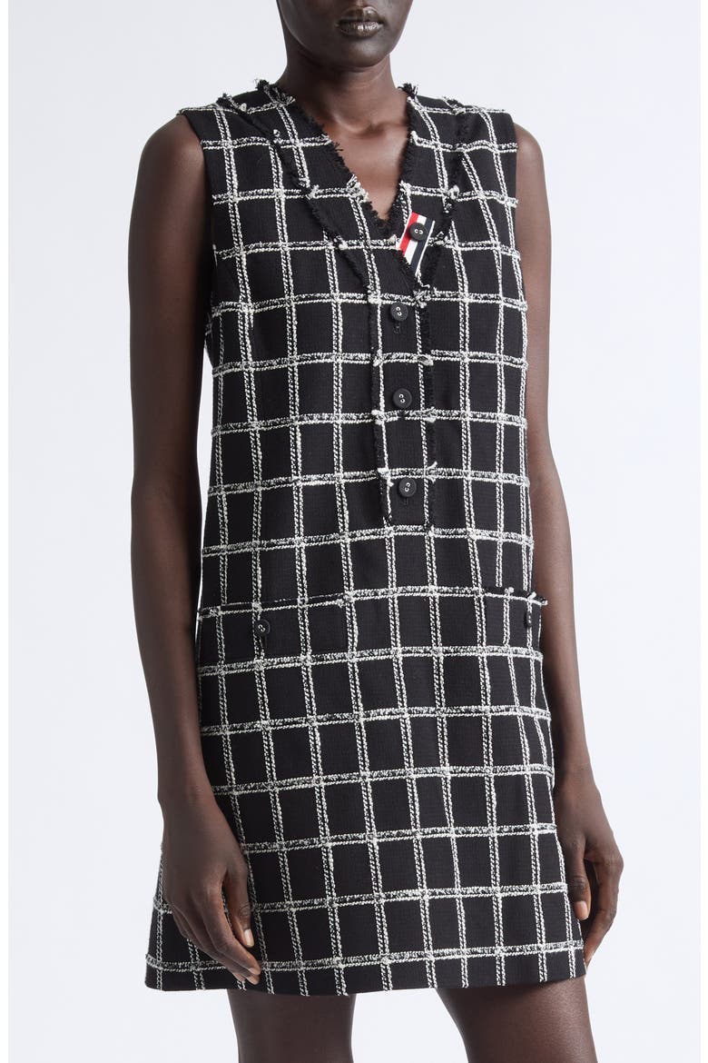 Fray Edge Windowpane Check V-Neck Cardigan Dress, Alternate, color, BLACK