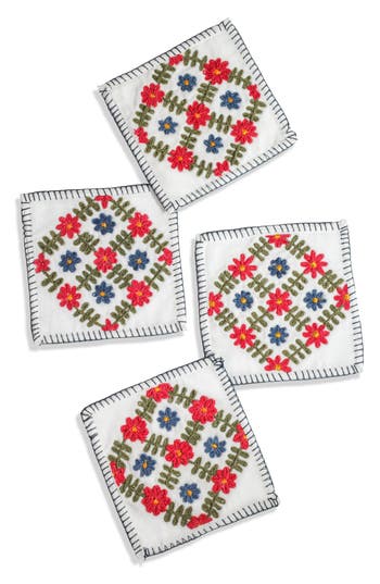 Tiramisu Verdant Bloom Hand-embroidered Cocktail Napkins In White Multi