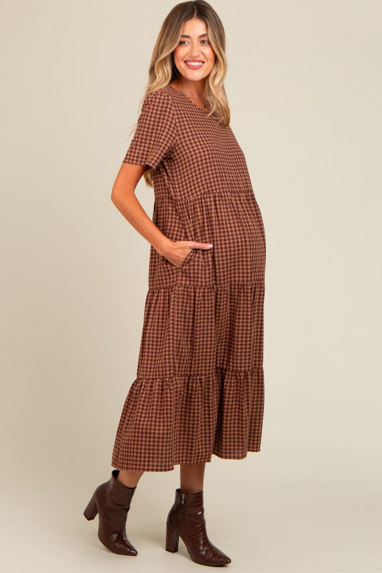 Gingham Tiered Midi Dress, Alternate, color, Mocha