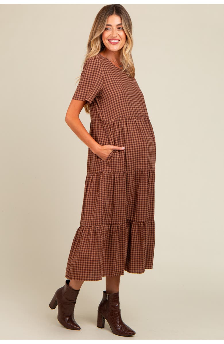 PinkBlush Gingham Tiered Midi Dress, Alternate, color, Mocha