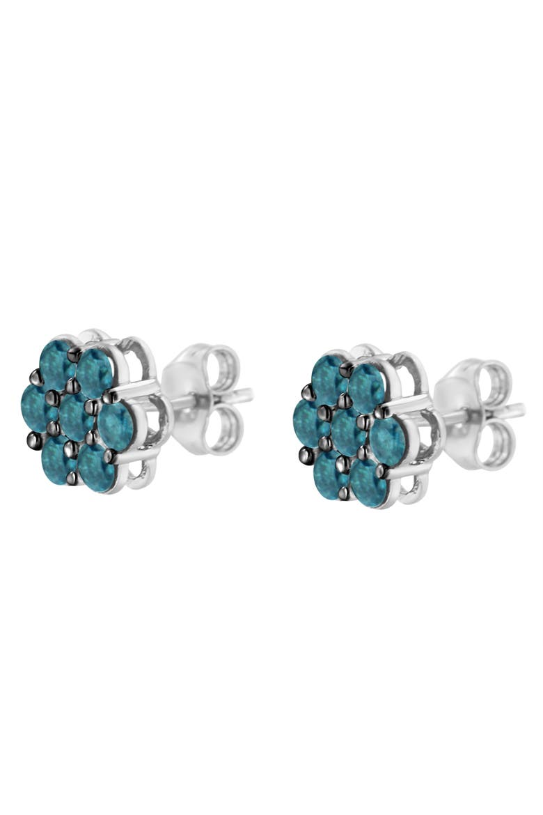 Silver 1.0 Cttw Blue Diamond Floral Stud Earrings, Alternate, color, White