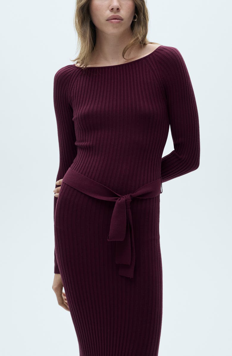 MANGO Long Sleeve Rib Knit Midi Dress, Alternate, color, Maroon
