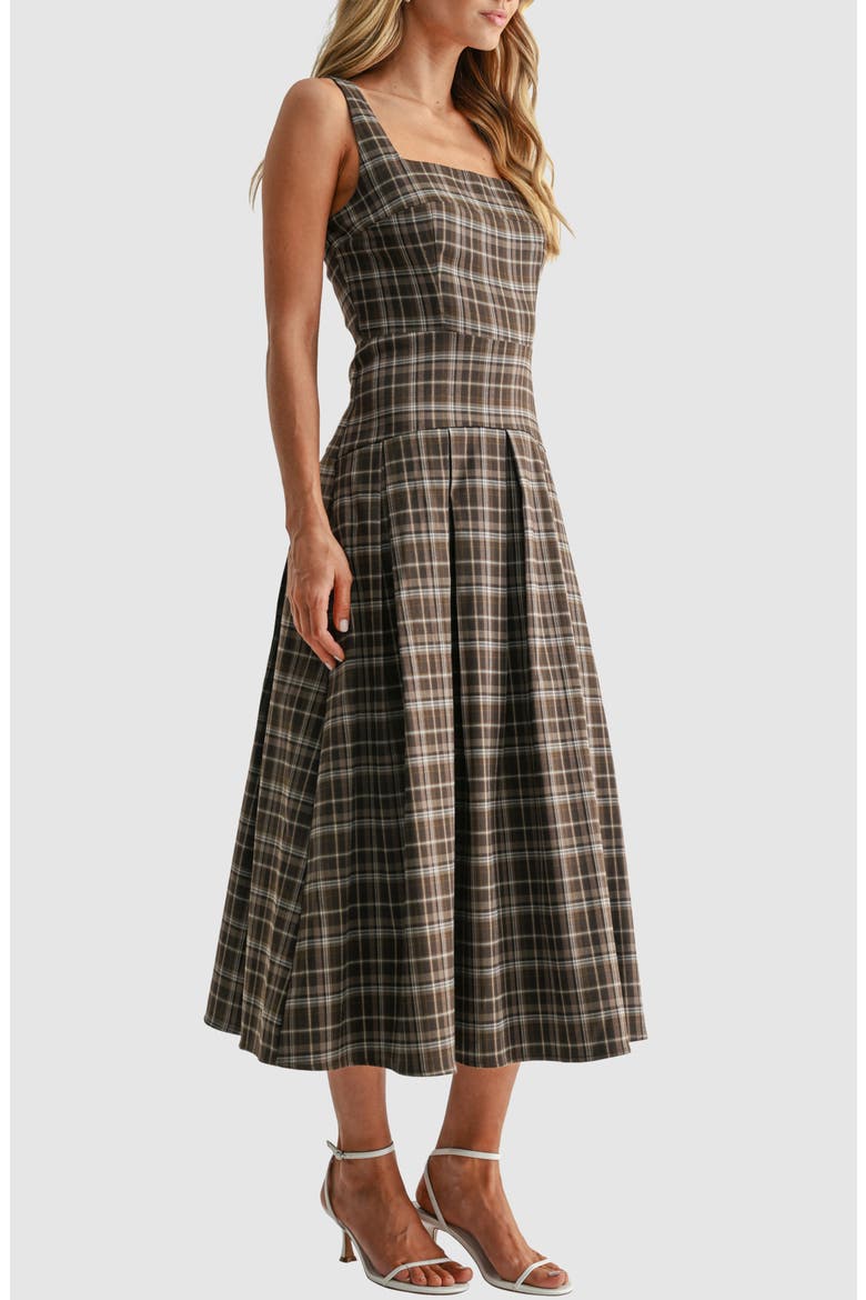 Pleated Fit & Flare Midi Dress, Alternate, color, BROWN
