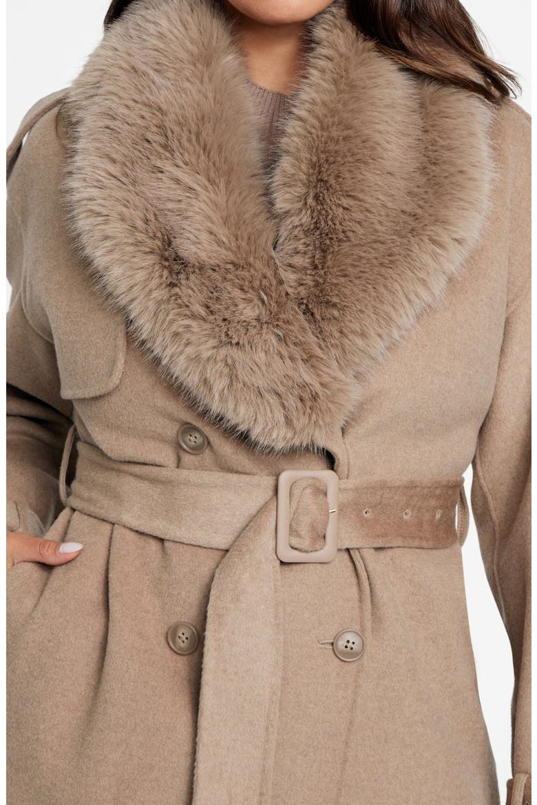 Ella Faux Fur Collar Double Breasted Coat, Alternate, color, LIGHT TAUPE