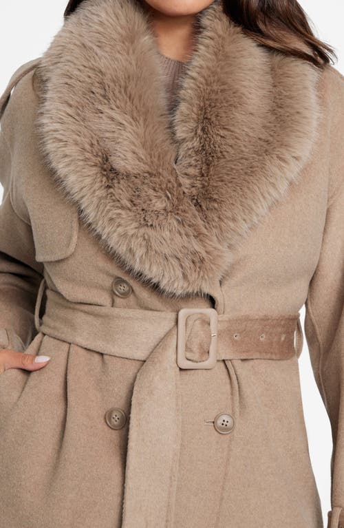 Marciano Ella Faux Fur Collar Double Breasted Coat In Brown