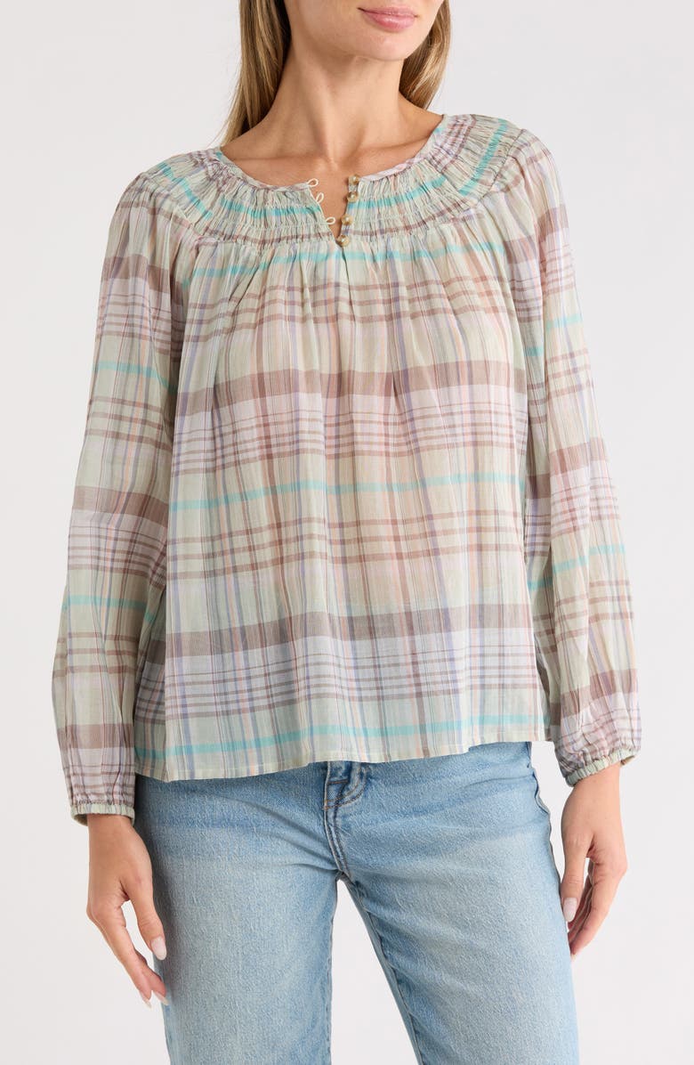 Lucky Brand Floral Smocked Yoke Cotton Top, Main, color, Aqua Plaid