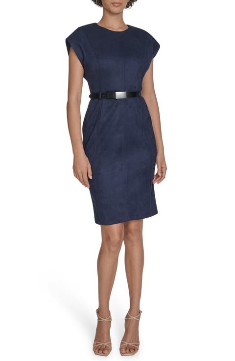 Cap Sleeve Belted Faux Suede Sheath Dress