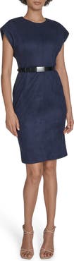 Calvin Klein Cap Sleeve Belted Faux Suede Sheath Dress