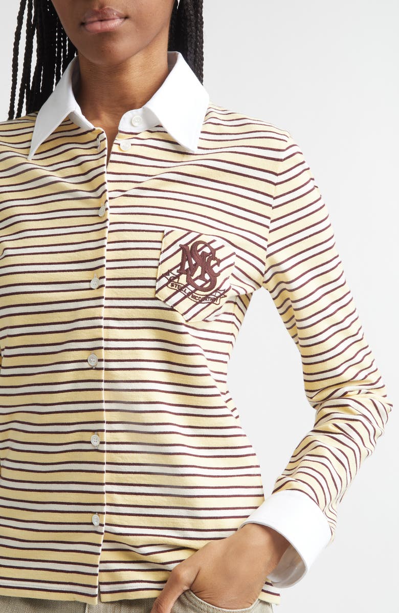 Stella McCartney Embroidered Crest Fancy Stripe Long Sleeve Button-Up Polo, Alternate, color, Yellow Multi Stripe