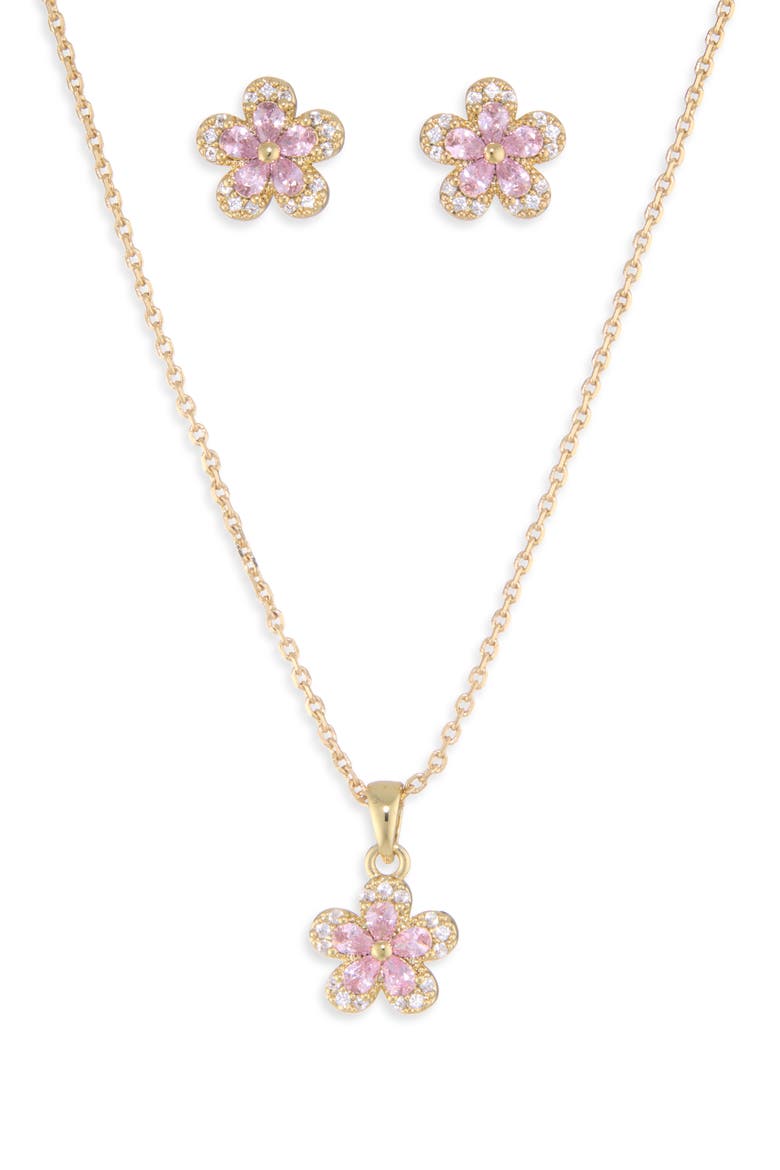 Flower Cubic Zirconia Pendant Necklace & Stud Earrings Set, Alternate, color, PINK