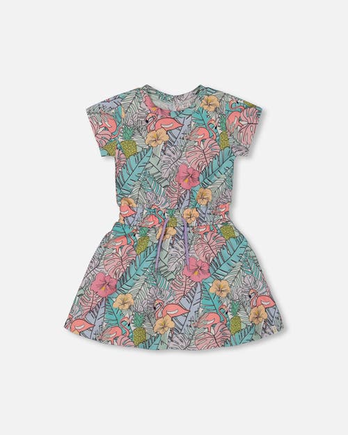 Deux Par Deux Girls' Printed French Terry Flamingos Dress - Big Kid In Lilac And Pink Flamingos