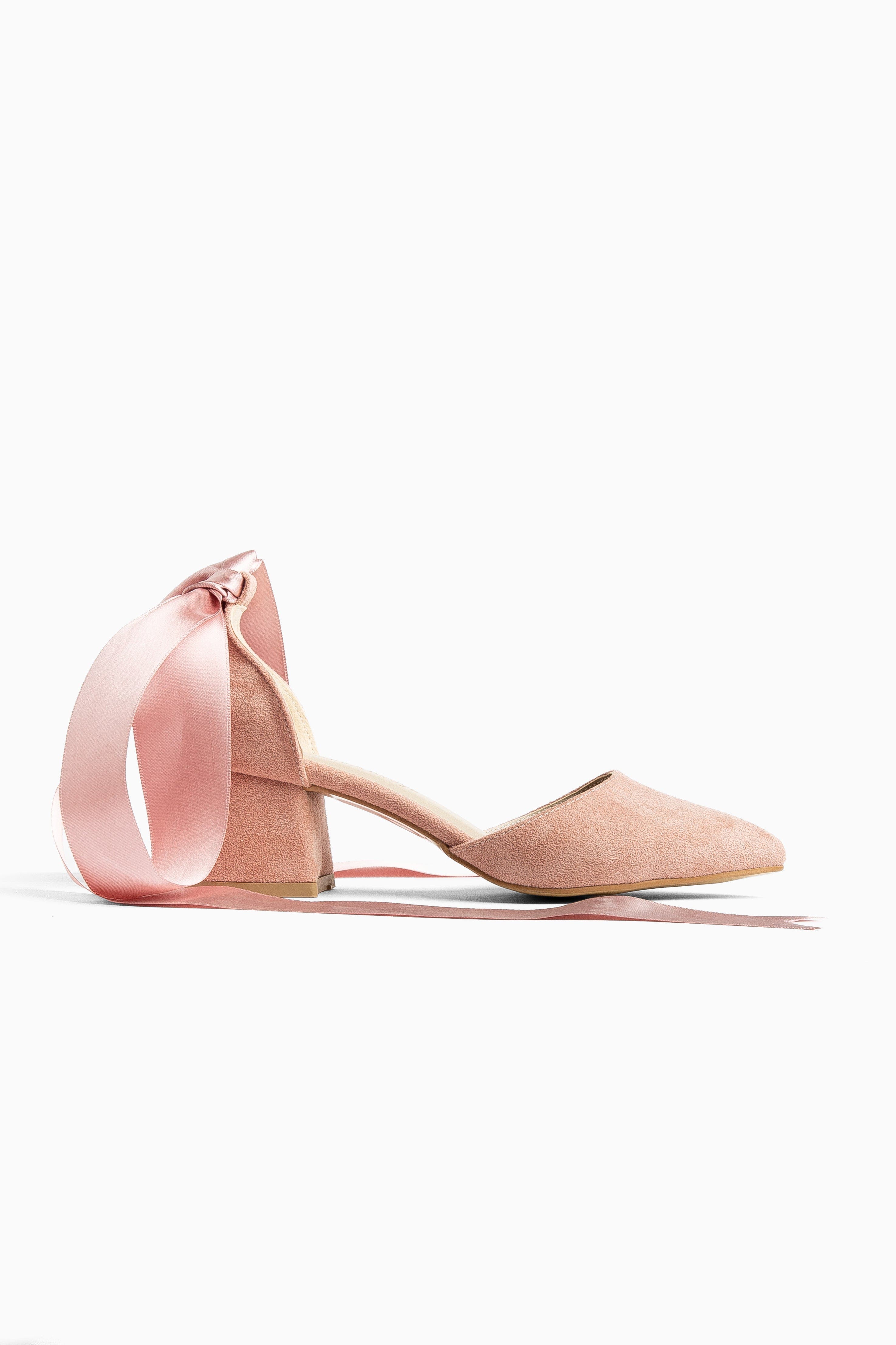 Forever & Always Shoes Fiona Low Block Heels with Ribbon, Alternate, color, Dusty Pink Suede