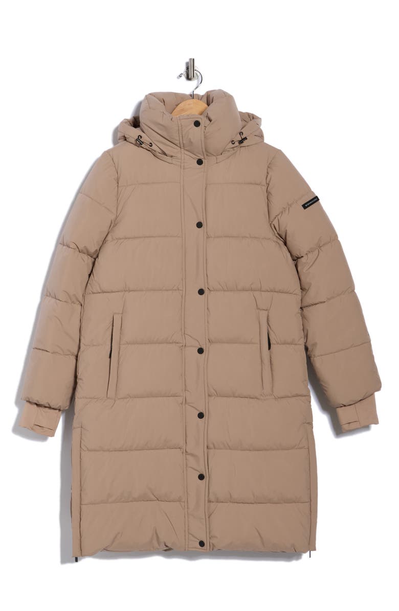 BCBGeneration Pillow 3/4 Hooded Longline Puffer Coat, Alternate, color, Latte