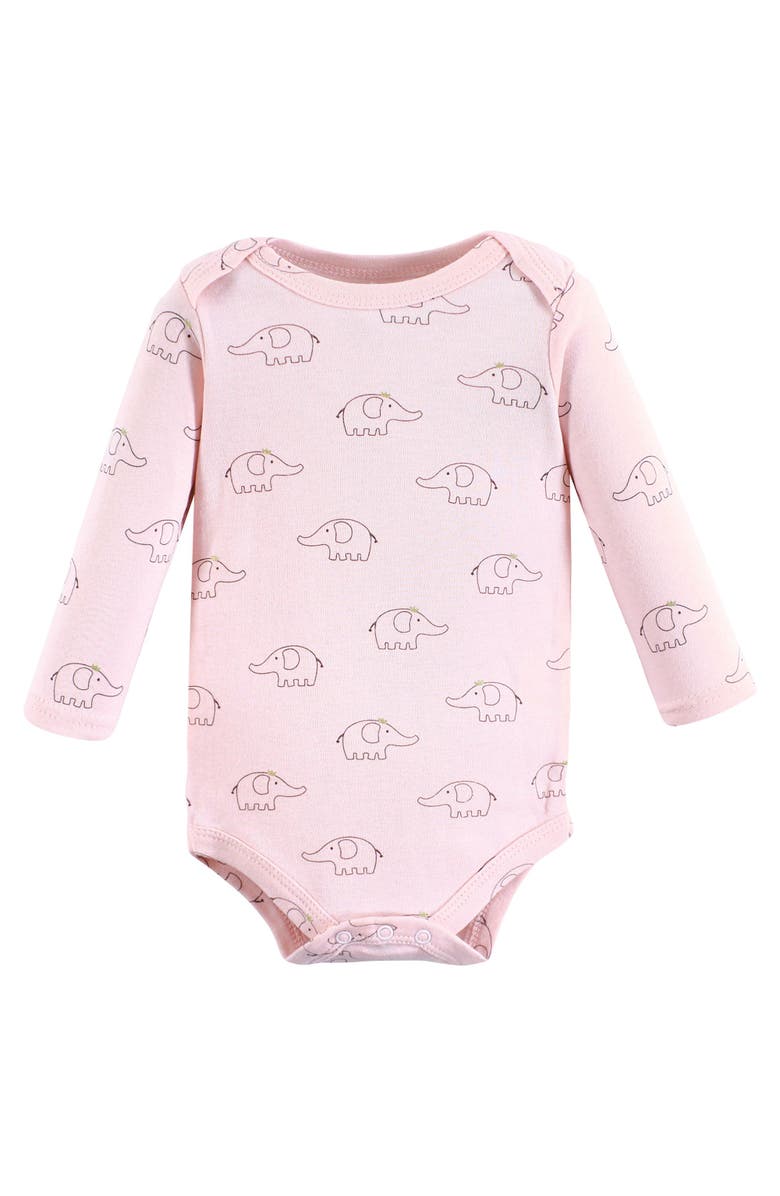 Hudson Baby Essential All-Cotton Long-Sleeve Bodysuit Triple Pack, Alternate, color, Pink Gray Elephant