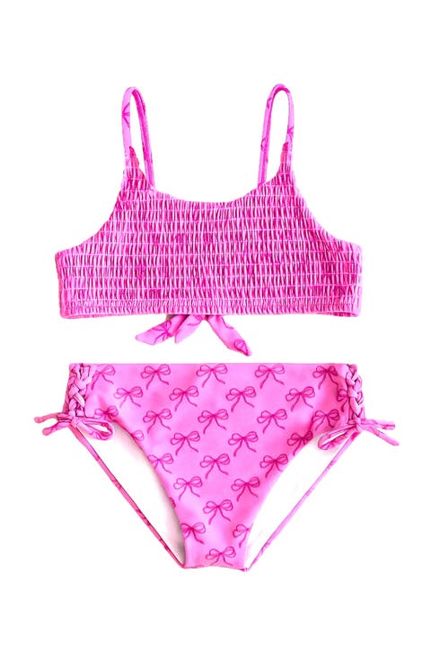 Bow Printed Smocked Bikini Swimsuit