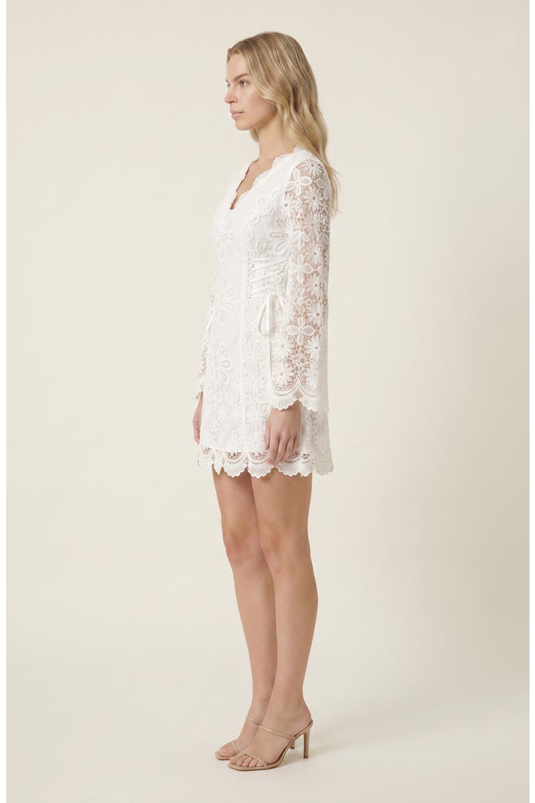 Floral Applique Long Sheer Sleeve Lace-Up Mini Dress, Alternate, color, White