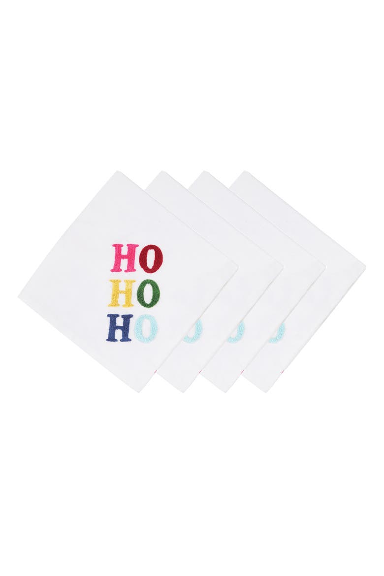 Rainbow "HO HO HO" 100% Cotton Christmas Set of 4 Cloth Napkins, Alternate, color, White