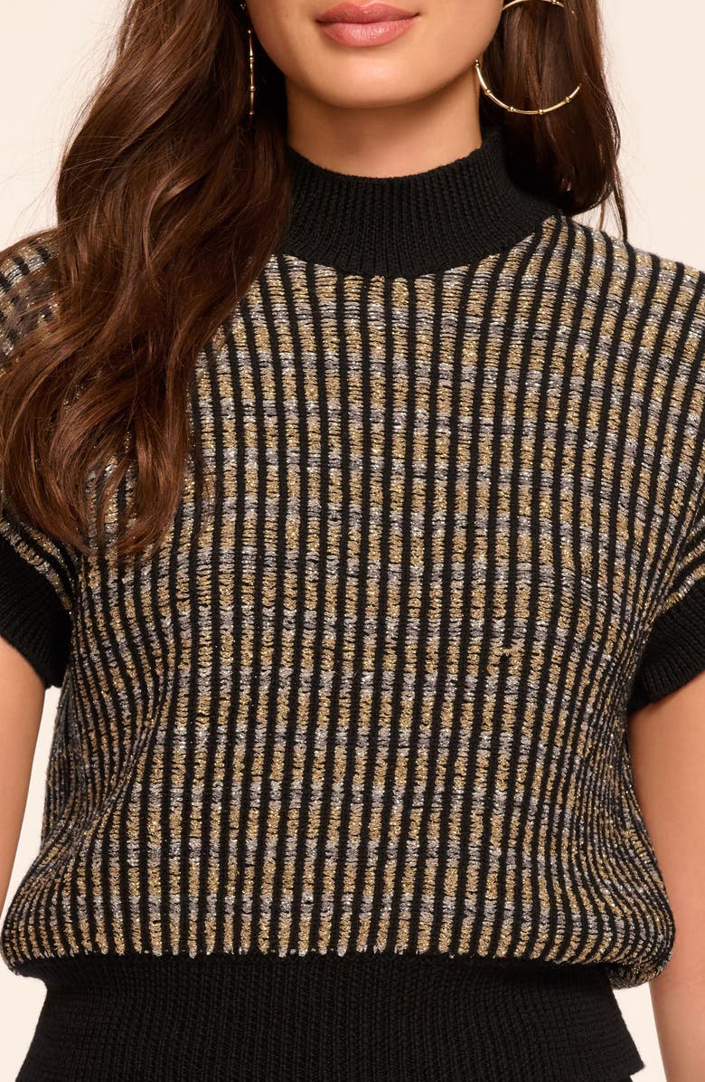 Ramy Brook Hannah Metallic Short Sleeve Wool Blend Sweater, Alternate, color, Black / Gold Knit