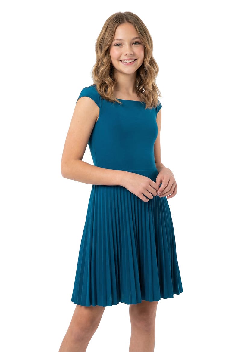 Cap Sleeve Pleated Dress, Main, color, Teal