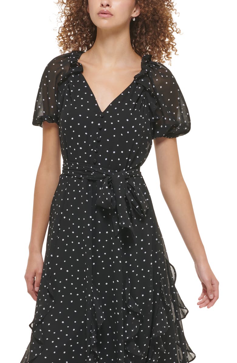 KARL LAGERFELD PARIS Puff Sleeve Ruffle Chiffon Midi Dress, Alternate, color, 