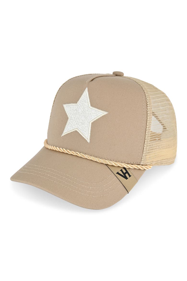 Faux Pearl Embroidered Star Mesh Panel Trucker Hat, Alternate, color, BEIGE/ PEARL