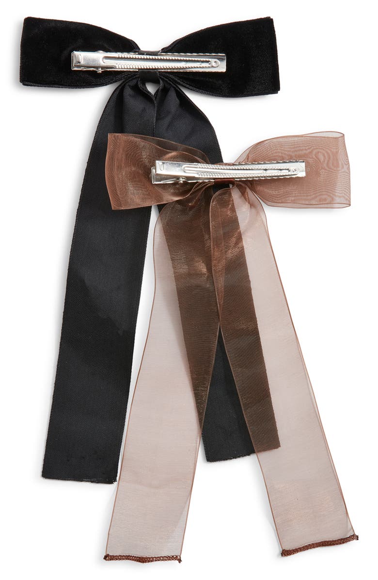 BP. Set of 2 Velvet & Organza Hair Bow Barrettes, Alternate, color, Black- Brown