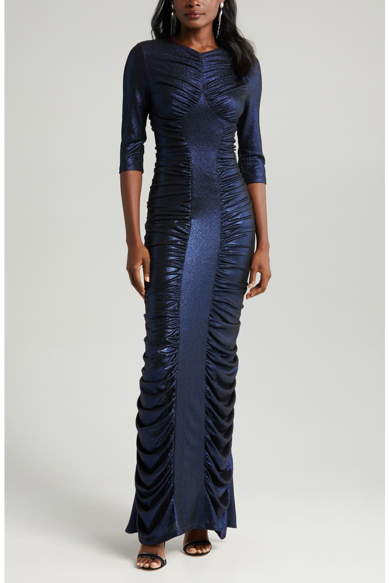 Mari Ruched Metallic Gown, Alternate, color, ORION DREAM
