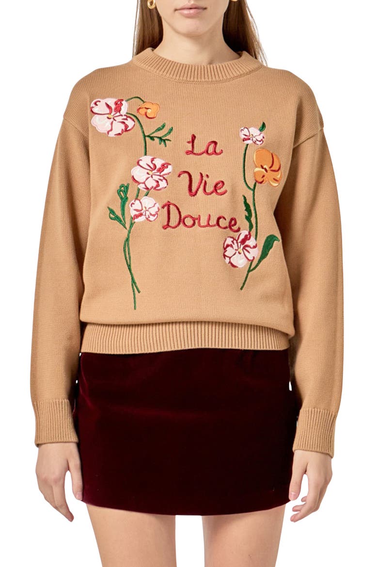 Flower Embroidered Sweater, Main, color, CAMEL