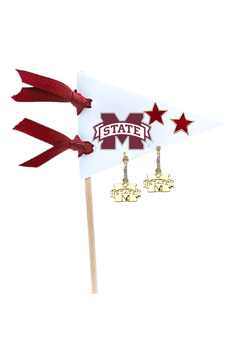 Mississippi State University Pennant Pair Earring Set, Main, color, Yellow Gold