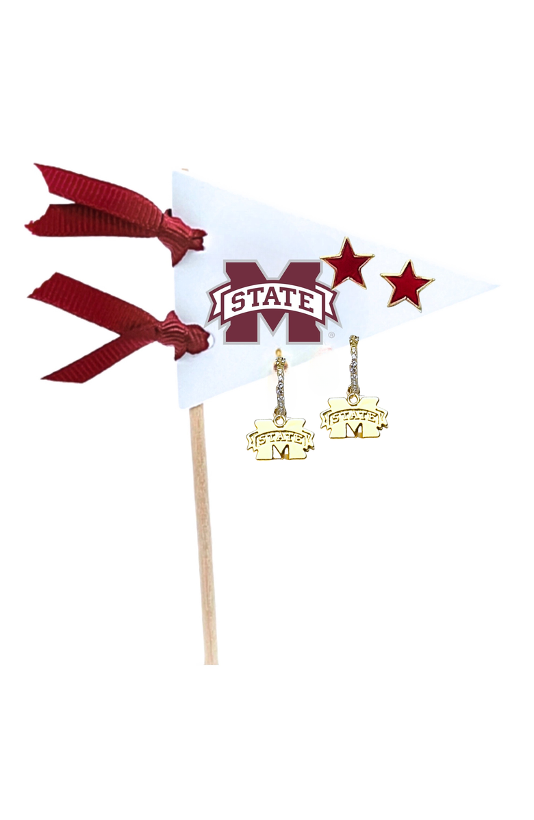 Color Shout Mississippi State University Pennant Pair Earring Set, Main, color, Yellow Gold