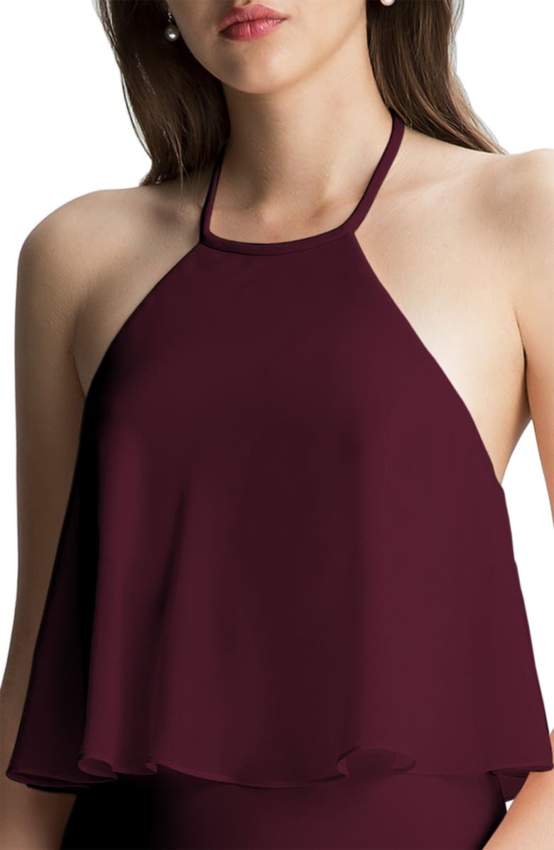 #Levkoff Halter Overlay Chiffon A-Line Gown, Alternate, color, 