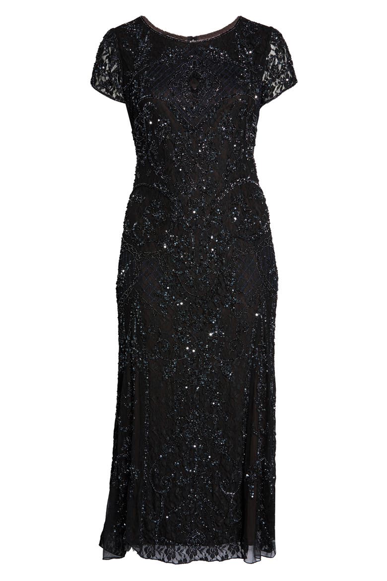Embellished Lace A-Line Dress, Alternate, color, BLACK/ GUNMETAL