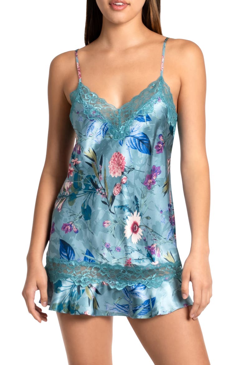 Joelle Lace Trim Satin Chemise, Main, color, ADRIATIC BLUE