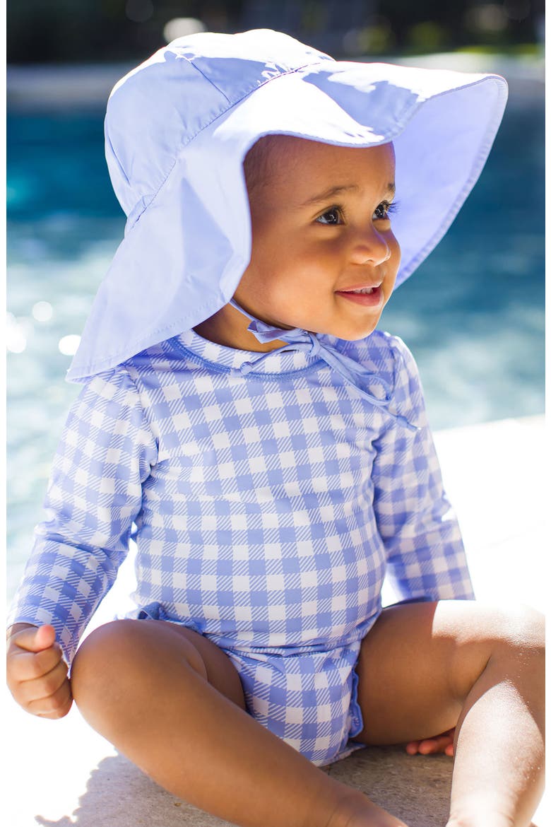 Gingham Long Sleeve One-Piece Rashguard Swimsuit & Hat Set, Alternate, color, BLUE