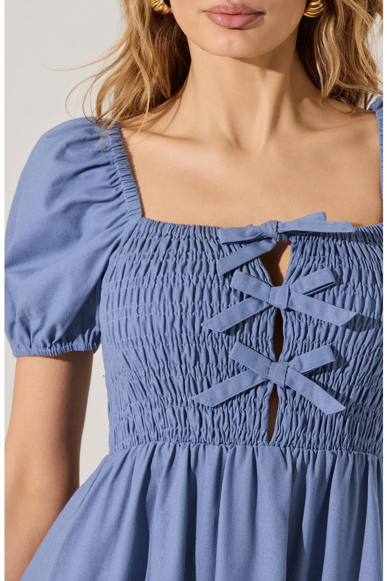 Bow Detail Smock Bodice Cotton Blend Dress, Alternate, color, DENIM BLUE