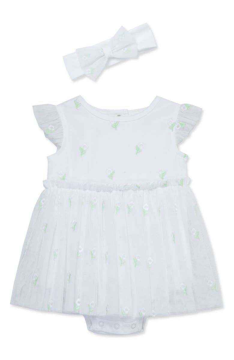 Little Me Floral Embroidered Tulle Skirted Bodysuit & Headband Set, Main, color,